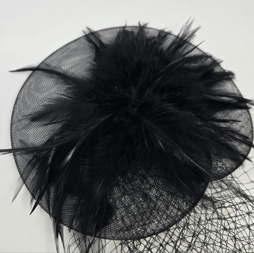 HANDMADE VINTAGE BLACK TULLE FEATHERS CLIP ON FASCINTOR HAIR ACCESSORY VEIL
